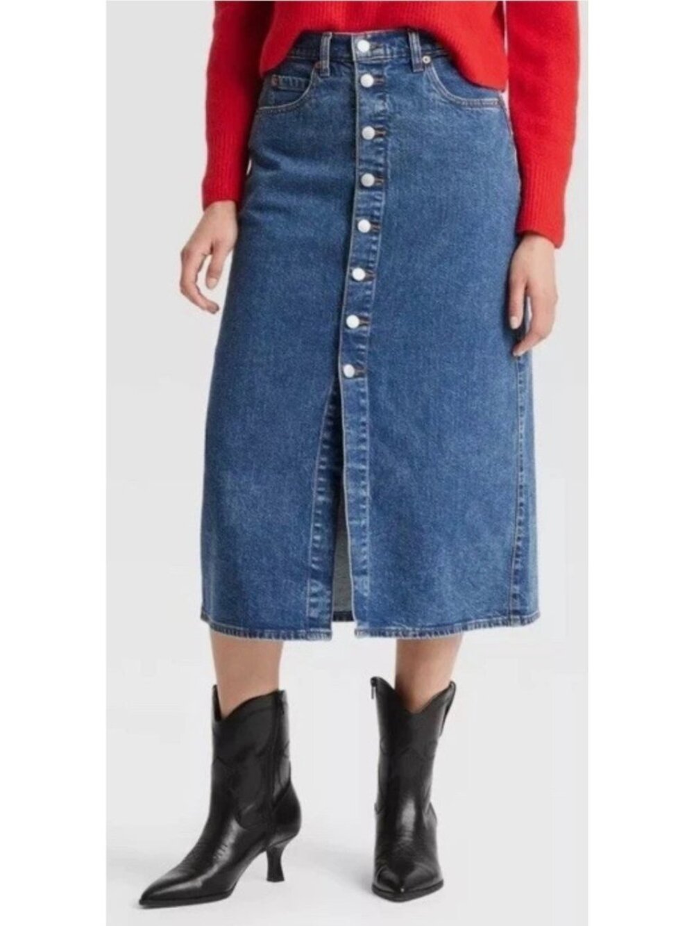 Women's Midi Blue Denim Skirt Size 2 Universal Threads Metal Button Front Slit - Picture 1 of 15